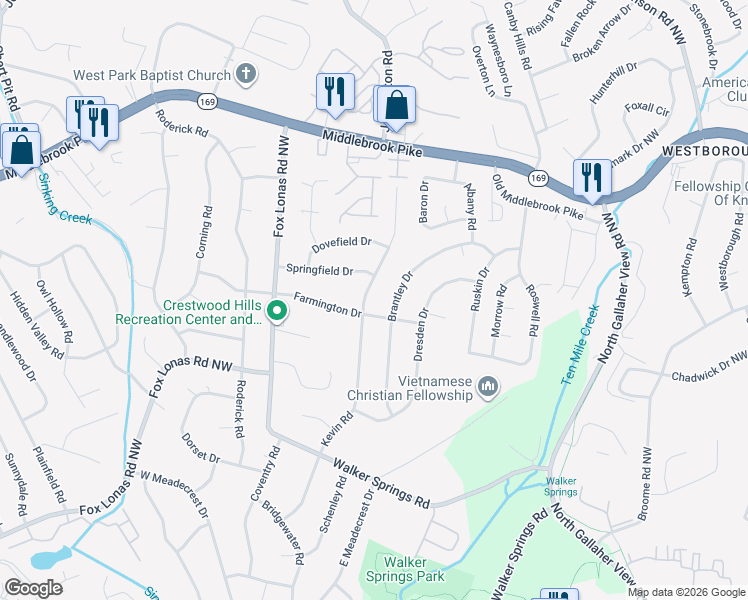 map of restaurants, bars, coffee shops, grocery stores, and more near 1004 Kevin Road in Knoxville