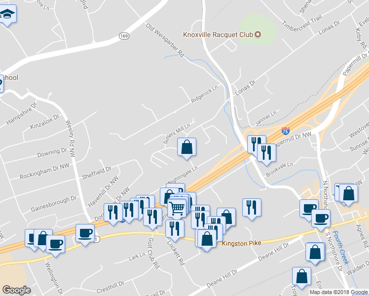 map of restaurants, bars, coffee shops, grocery stores, and more near 6442 Lonas Drive in Knoxville