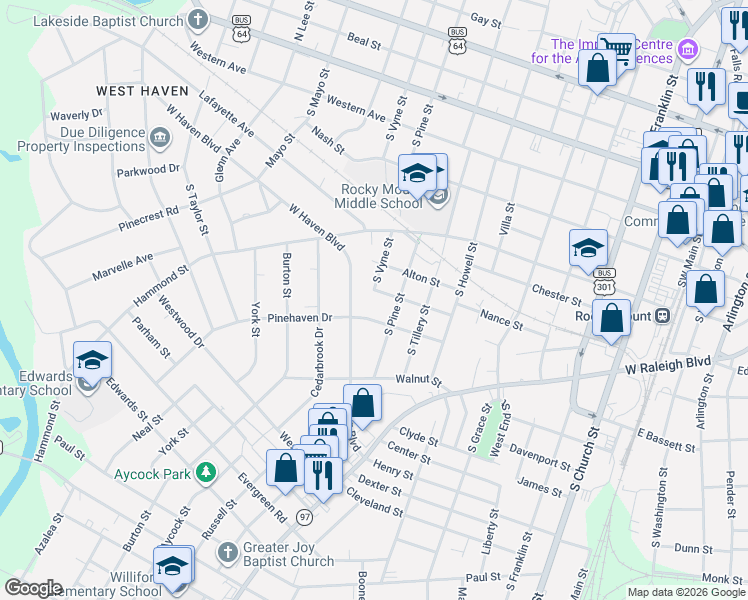 map of restaurants, bars, coffee shops, grocery stores, and more near 919 O Berry Street in Rocky Mount