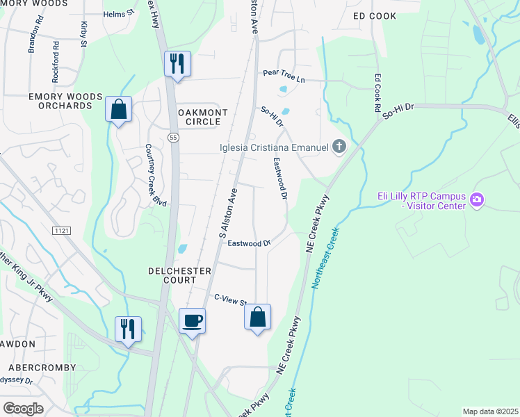 map of restaurants, bars, coffee shops, grocery stores, and more near 3315 C-View Street in Durham
