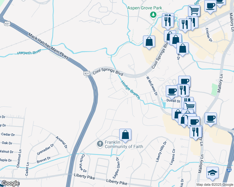 map of restaurants, bars, coffee shops, grocery stores, and more near 1000 Artessa Circle in Franklin