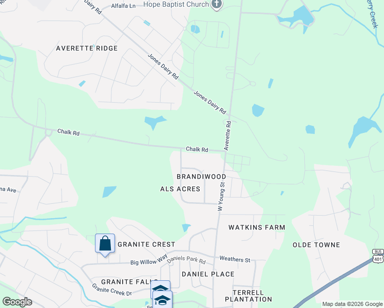 map of restaurants, bars, coffee shops, grocery stores, and more near 2505 Chalk Road in Rolesville