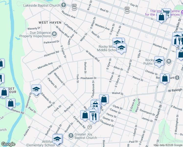 map of restaurants, bars, coffee shops, grocery stores, and more near 744 Cedarbrook Drive in Rocky Mount