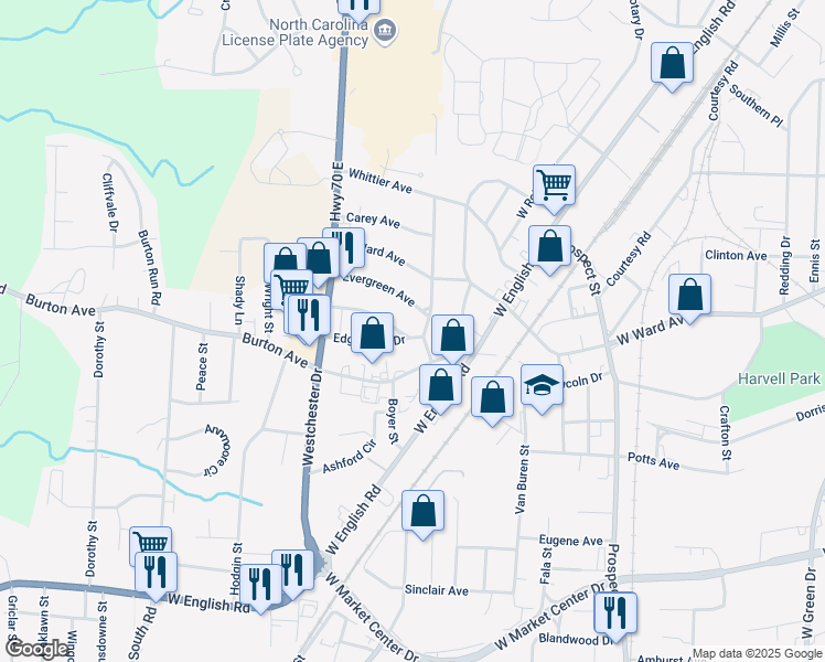 map of restaurants, bars, coffee shops, grocery stores, and more near 400 Royal Oak Avenue in High Point