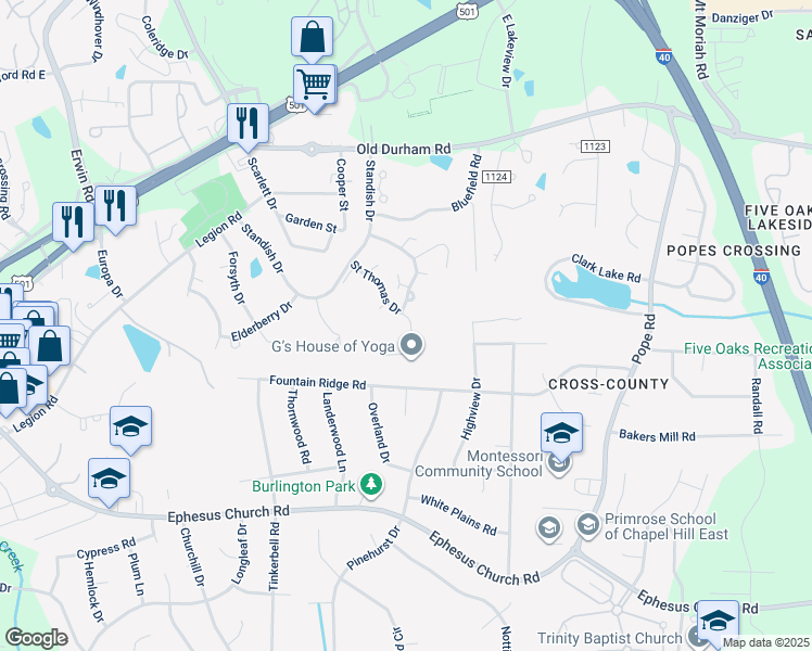 map of restaurants, bars, coffee shops, grocery stores, and more near 206 Saint Thomas Drive in Chapel Hill