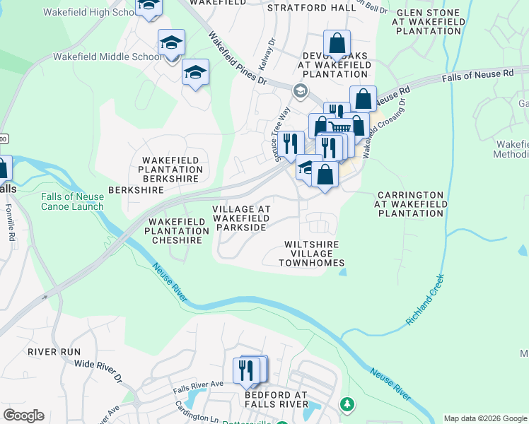 map of restaurants, bars, coffee shops, grocery stores, and more near 12512 Garden Tree Lane in Raleigh