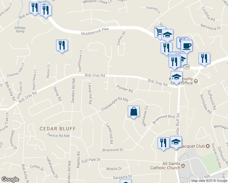 map of restaurants, bars, coffee shops, grocery stores, and more near 973 Ponder Circle in Knoxville