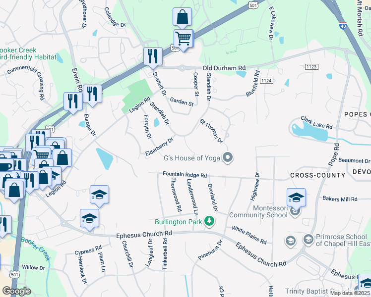 map of restaurants, bars, coffee shops, grocery stores, and more near 152 Saint Andrews Lane in Chapel Hill