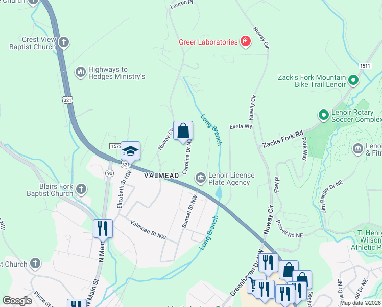 map of restaurants, bars, coffee shops, grocery stores, and more near 202 Carolina Drive Northeast in Lenoir