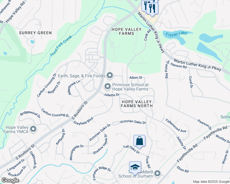 map of restaurants, bars, coffee shops, grocery stores, and more near 4623 Dolwick Drive in Durham