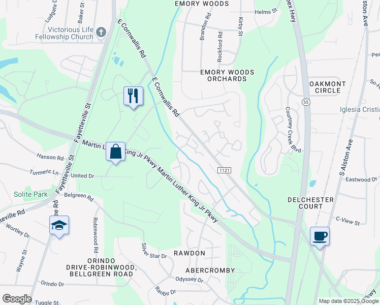 map of restaurants, bars, coffee shops, grocery stores, and more near 2800 Bainbridge Drive in Durham