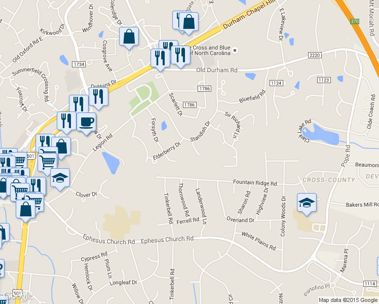 map of restaurants, bars, coffee shops, grocery stores, and more near 152 Saint Andrews Lane in Chapel Hill