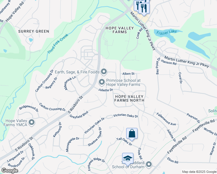 map of restaurants, bars, coffee shops, grocery stores, and more near 4623 Dolwick Drive in Durham