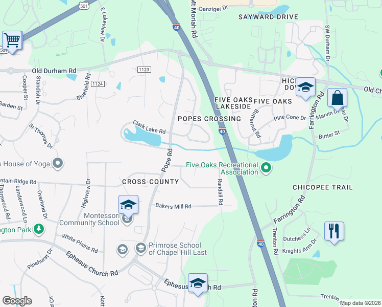 map of restaurants, bars, coffee shops, grocery stores, and more near 99 Crystal Oaks Court in Durham