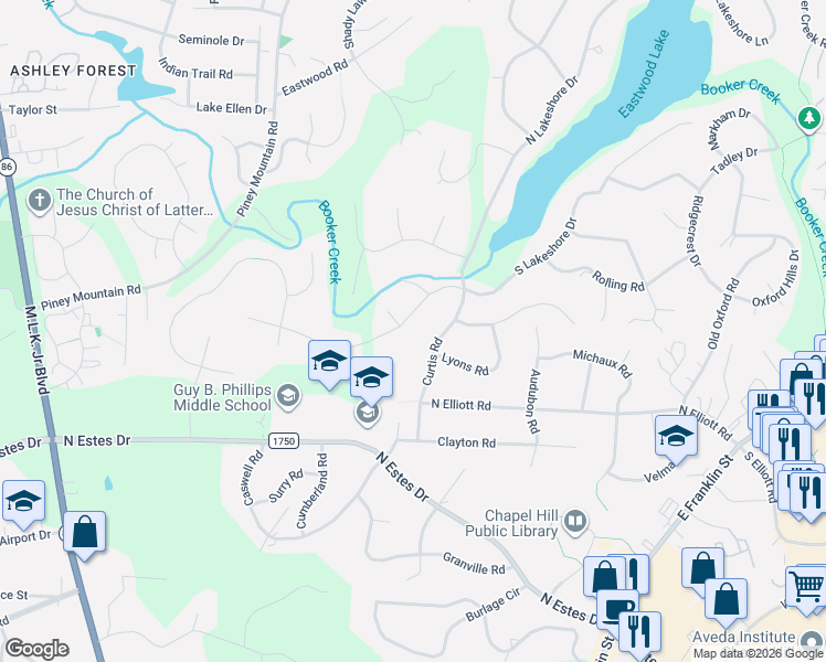 map of restaurants, bars, coffee shops, grocery stores, and more near 623 Kensington Drive in Chapel Hill