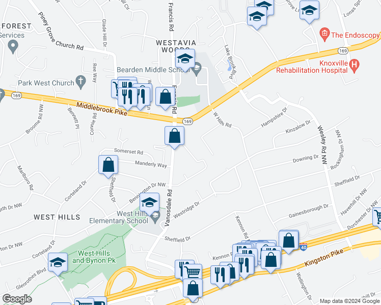 map of restaurants, bars, coffee shops, grocery stores, and more near 712 Shadycrest Drive in Knoxville