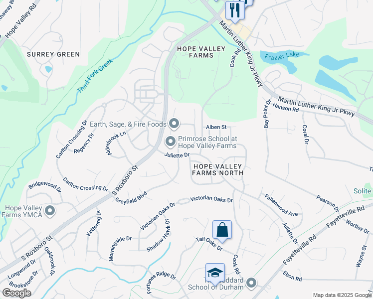 map of restaurants, bars, coffee shops, grocery stores, and more near 4619 Dolwick Drive in Durham