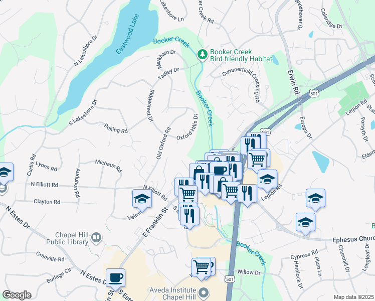 map of restaurants, bars, coffee shops, grocery stores, and more near 104 Wilder Place in Chapel Hill