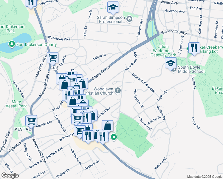 map of restaurants, bars, coffee shops, grocery stores, and more near 313 Greenwood Avenue in Knoxville