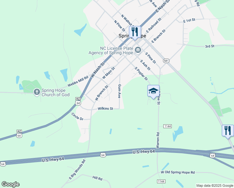 map of restaurants, bars, coffee shops, grocery stores, and more near 222-324 Gum Avenue in Spring Hope