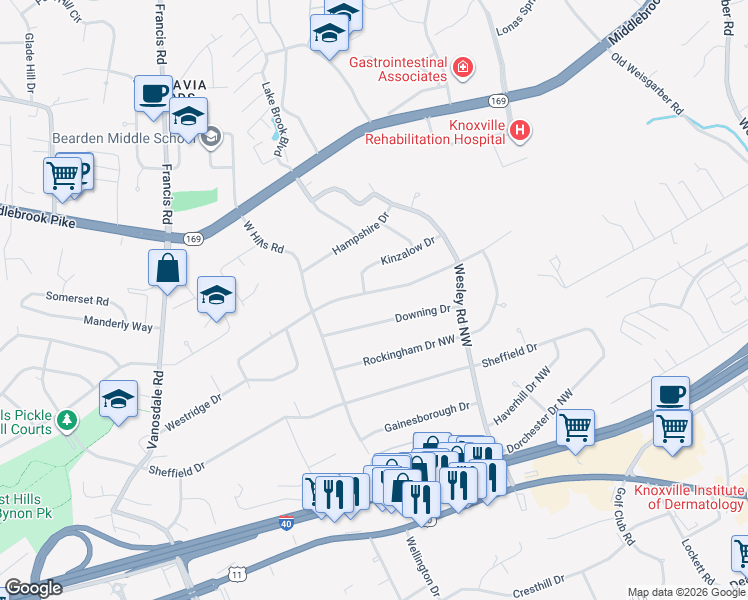 map of restaurants, bars, coffee shops, grocery stores, and more near 7042 Stockton Drive Northwest in Knoxville