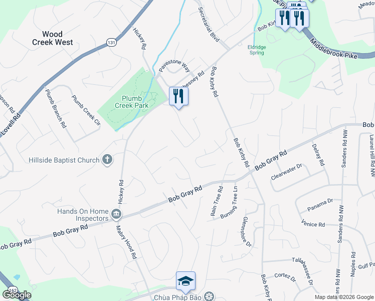 map of restaurants, bars, coffee shops, grocery stores, and more near 10004 Cedar Croft Circle in Knoxville