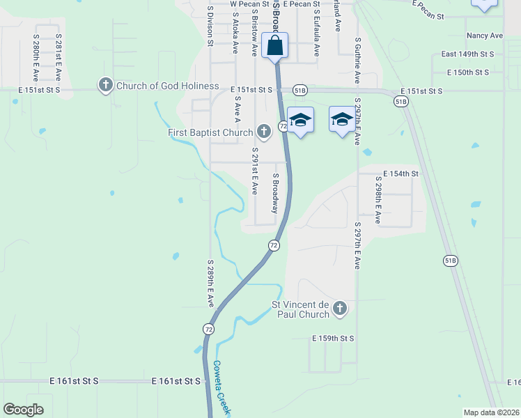 map of restaurants, bars, coffee shops, grocery stores, and more near 15556 South 291st East Avenue in Coweta