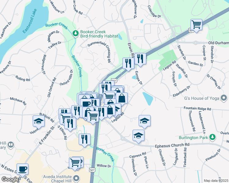 map of restaurants, bars, coffee shops, grocery stores, and more near 1000 Novus Lane in Chapel Hill