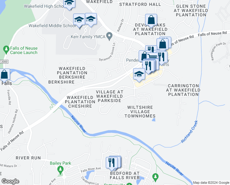 map of restaurants, bars, coffee shops, grocery stores, and more near 12521 Garden Tree Lane in Raleigh