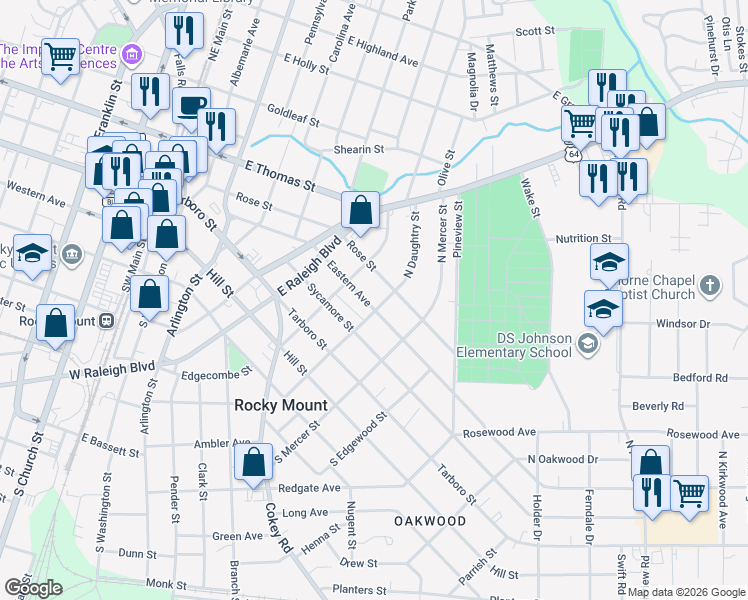 map of restaurants, bars, coffee shops, grocery stores, and more near 625 Rose Street in Rocky Mount