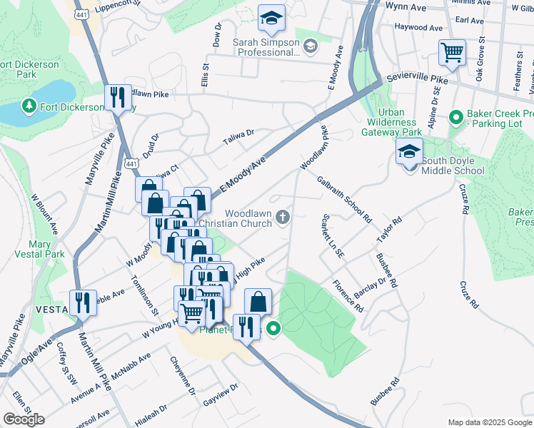 map of restaurants, bars, coffee shops, grocery stores, and more near 313 Greenwood Avenue in Knoxville