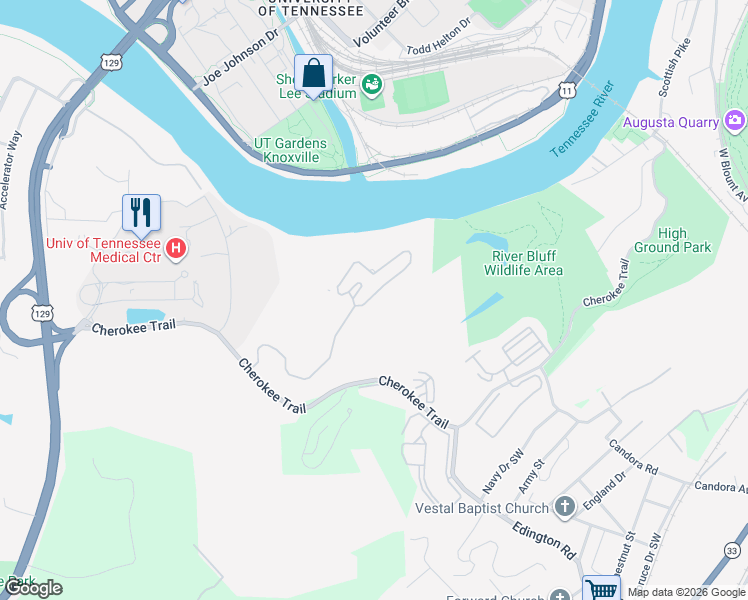 map of restaurants, bars, coffee shops, grocery stores, and more near 2005 Cherokee Bluff Drive in Knoxville