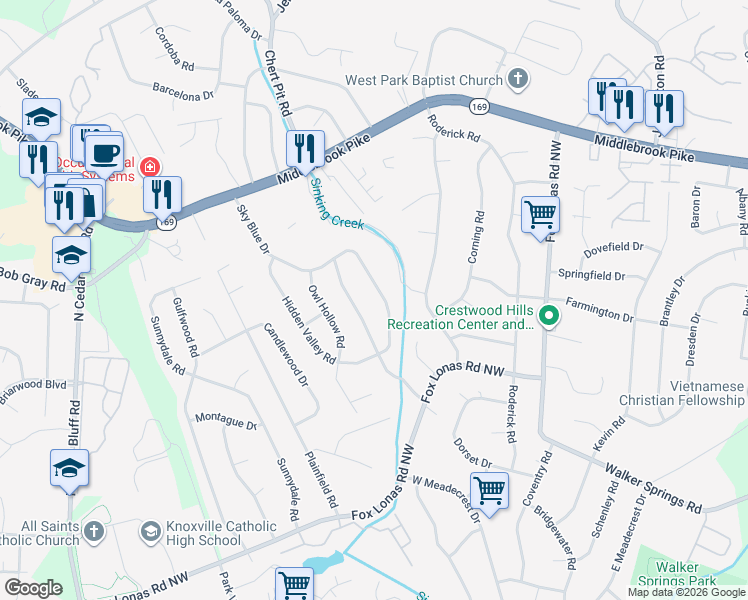 map of restaurants, bars, coffee shops, grocery stores, and more near 820 Crest Forest Road in Knoxville