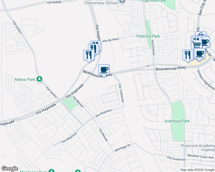 map of restaurants, bars, coffee shops, grocery stores, and more near 121 San Siro Street in Henderson