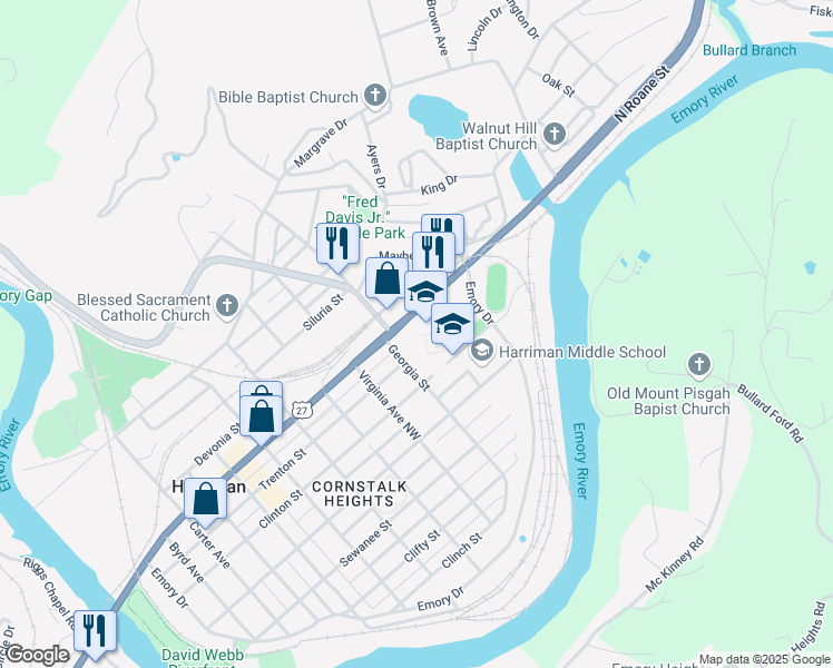 map of restaurants, bars, coffee shops, grocery stores, and more near 920 North Roane Street in Harriman