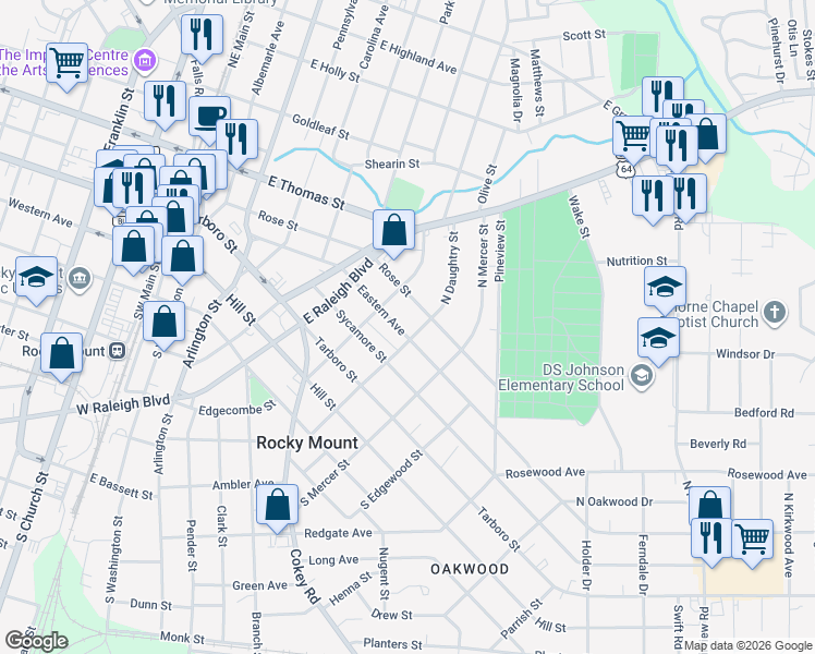 map of restaurants, bars, coffee shops, grocery stores, and more near 625 Rose Street in Rocky Mount