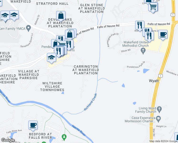 map of restaurants, bars, coffee shops, grocery stores, and more near 2912 Bergamot Court in Raleigh