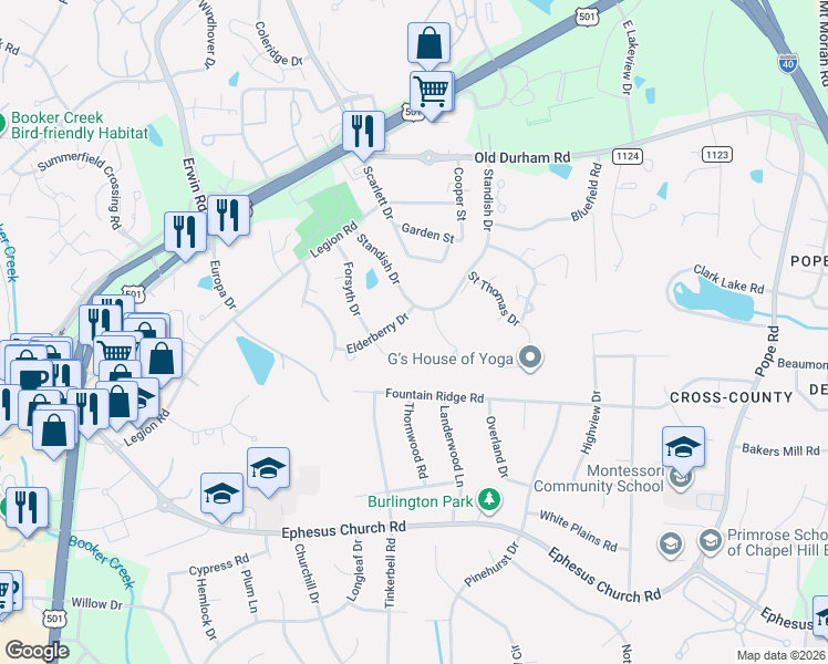 map of restaurants, bars, coffee shops, grocery stores, and more near 205 Forsyth Drive in Chapel Hill