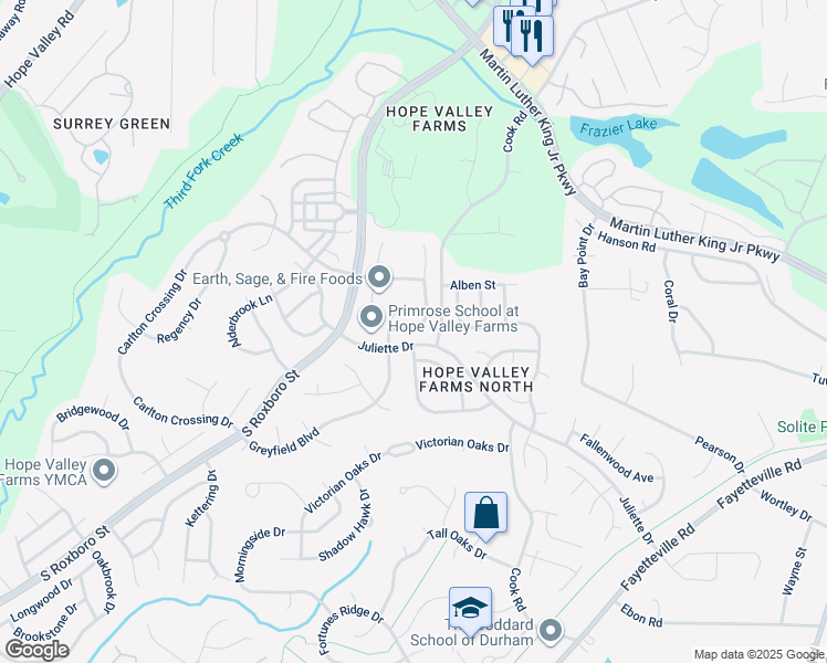 map of restaurants, bars, coffee shops, grocery stores, and more near 4613 Dolwick Drive in Durham