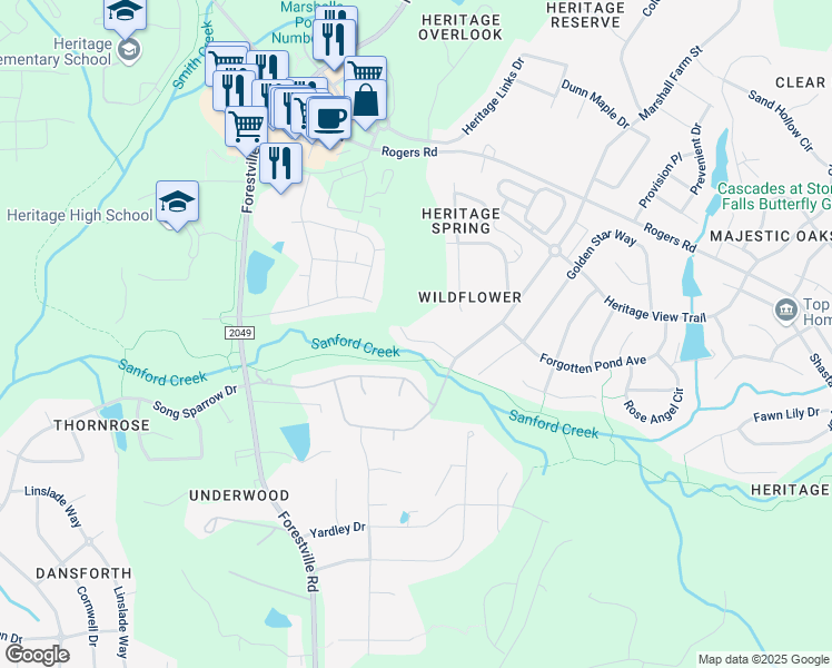 map of restaurants, bars, coffee shops, grocery stores, and more near 3805 Orange Cosmos Avenue in Wake Forest