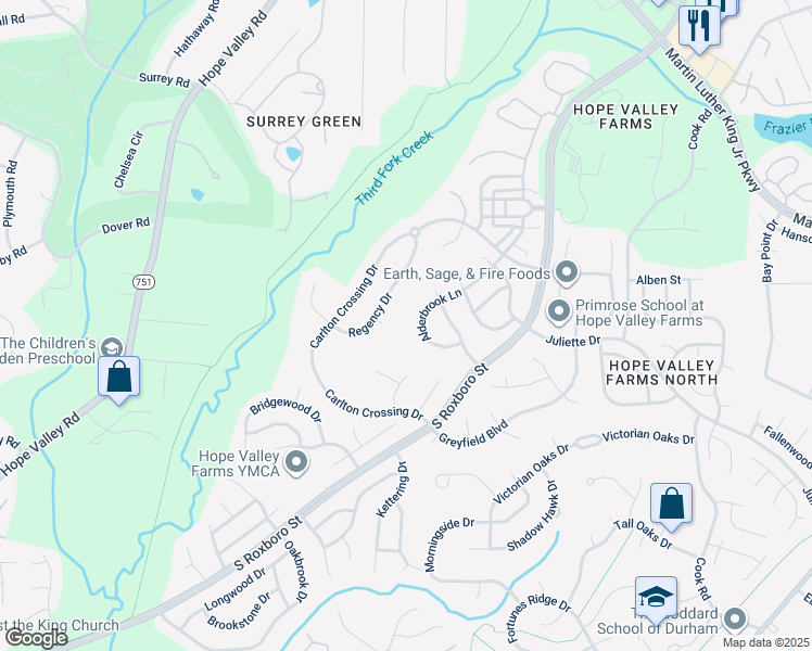 map of restaurants, bars, coffee shops, grocery stores, and more near 5024 Linden Oaks Avenue in Durham