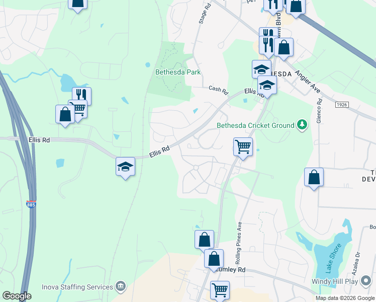 map of restaurants, bars, coffee shops, grocery stores, and more near 3000 Moneta Way in Durham