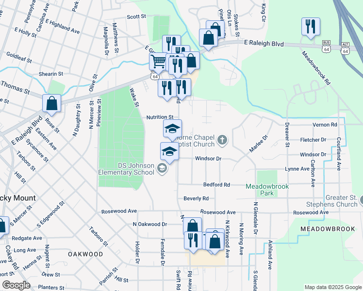 map of restaurants, bars, coffee shops, grocery stores, and more near 709 North Fairview Road in Rocky Mount