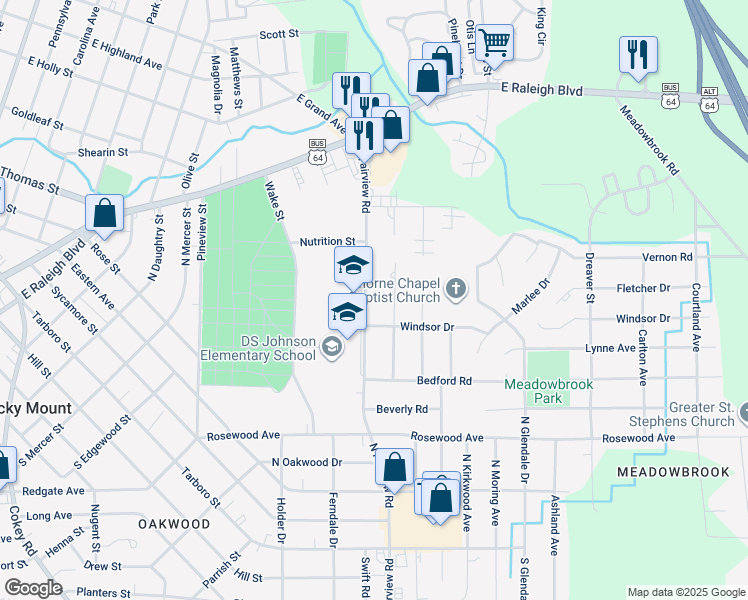 map of restaurants, bars, coffee shops, grocery stores, and more near 709 North Fairview Road in Rocky Mount