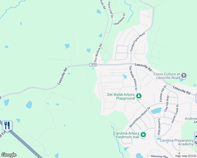 map of restaurants, bars, coffee shops, grocery stores, and more near 2129 Adventure Trail in Durham