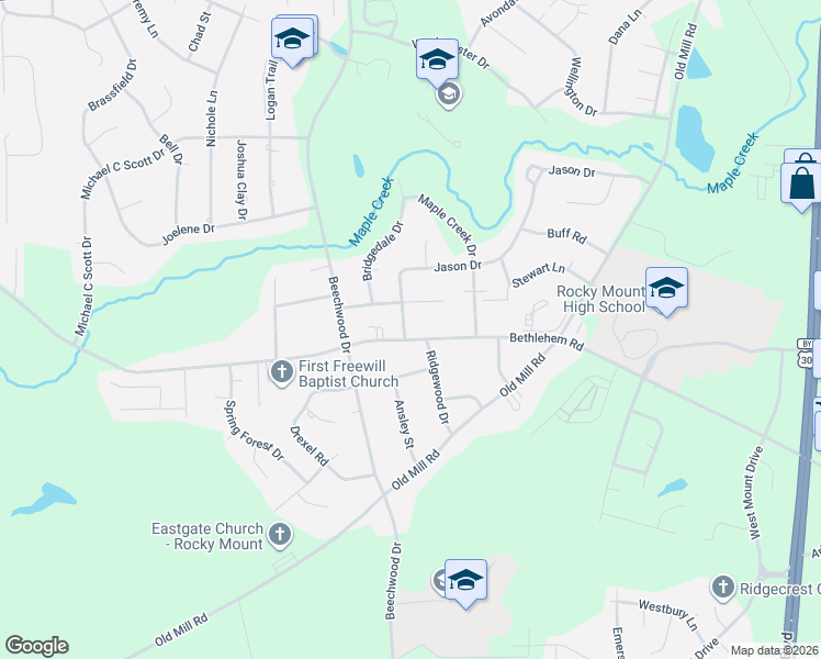 map of restaurants, bars, coffee shops, grocery stores, and more near 1618-1698 Bethlehem Rd in Rocky Mt