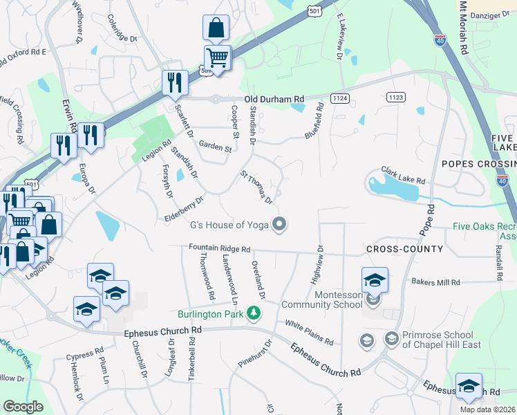 map of restaurants, bars, coffee shops, grocery stores, and more near 102 Colby Place in Chapel Hill