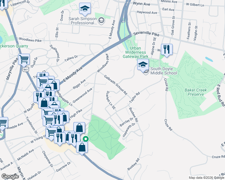 map of restaurants, bars, coffee shops, grocery stores, and more near 4328 Scarlett Lane Southeast in Knoxville