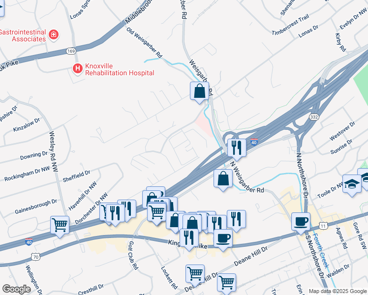 map of restaurants, bars, coffee shops, grocery stores, and more near 6401 Nightingale Lane in Knoxville
