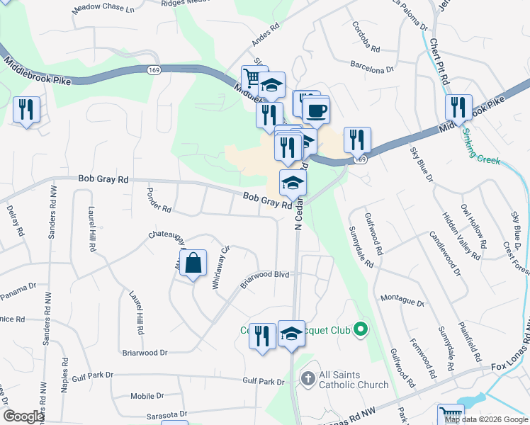 map of restaurants, bars, coffee shops, grocery stores, and more near 913 Ponder Road Northwest in Knoxville
